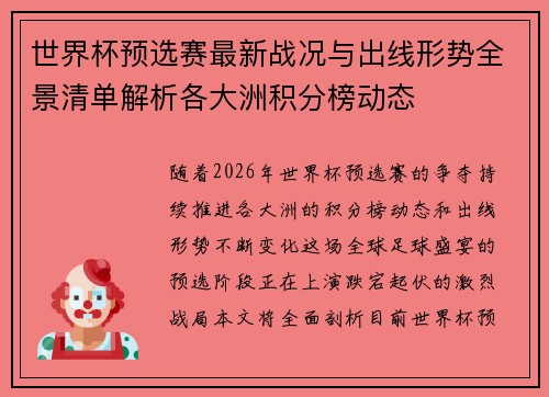 世界杯预选赛最新战况与出线形势全景清单解析各大洲积分榜动态